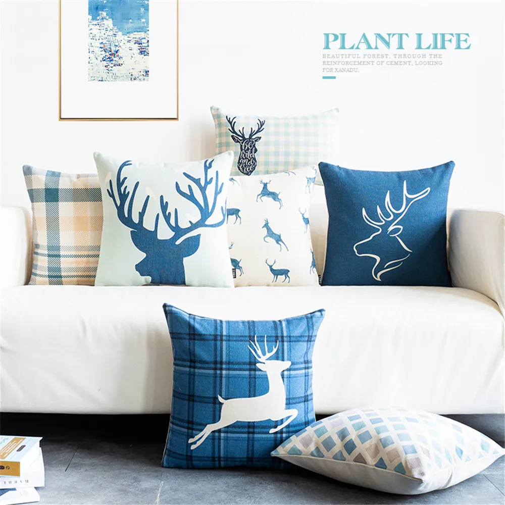 

Blue Cotton Linen Throw Pillow Cushion Cover Case Merrry Christmas Holidays Deer Geometric Geometry Lumbar Pillow for Sofa home