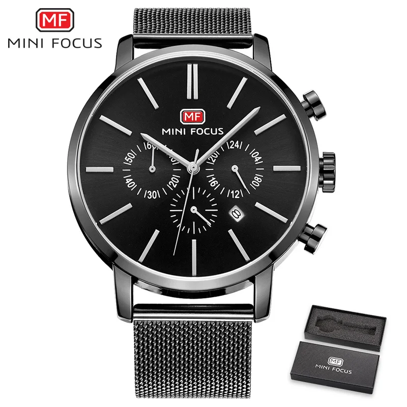 

MINIFOCUS Top Brand Luxury Watch Men Quartz Clock Leather Strap 3 Dials 6 Hands 24Hr Calendar Cool Chronograph Wrist Watches