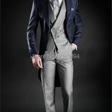 Лидер продаж, смокинги для мужчин, Серебряный жилет с темно-синей курткой, одна пуговица, мужской свадебный костюм, стиль, остроконечные лацканы