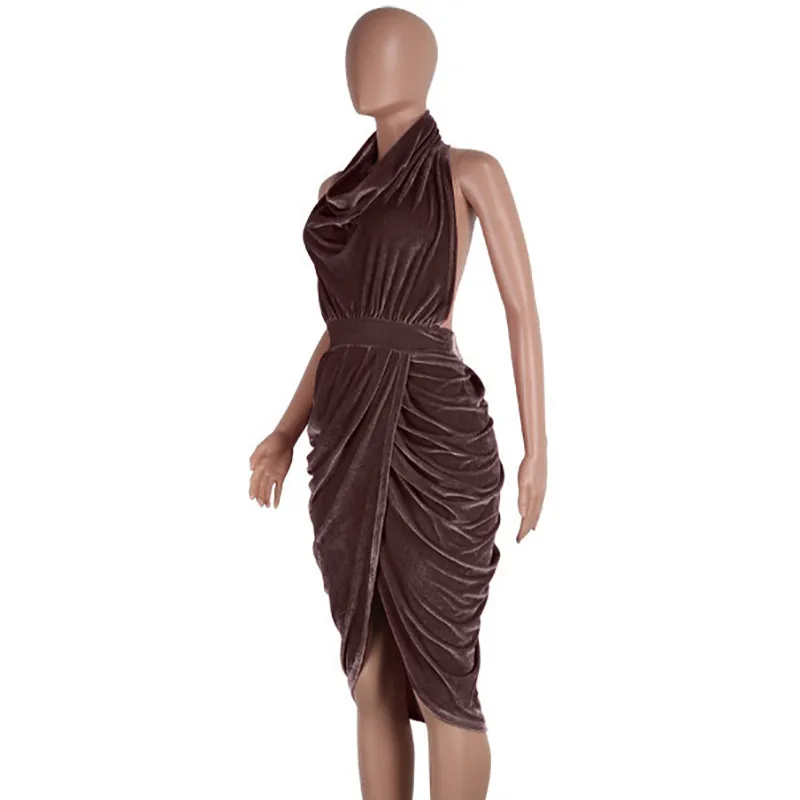 ShejoinSheenjoy Halter Sleeveless Autumn Dress Wrapped Split Backless Fold Sexy Women Dress Velvet Midi Party Dresses Clothing (11)