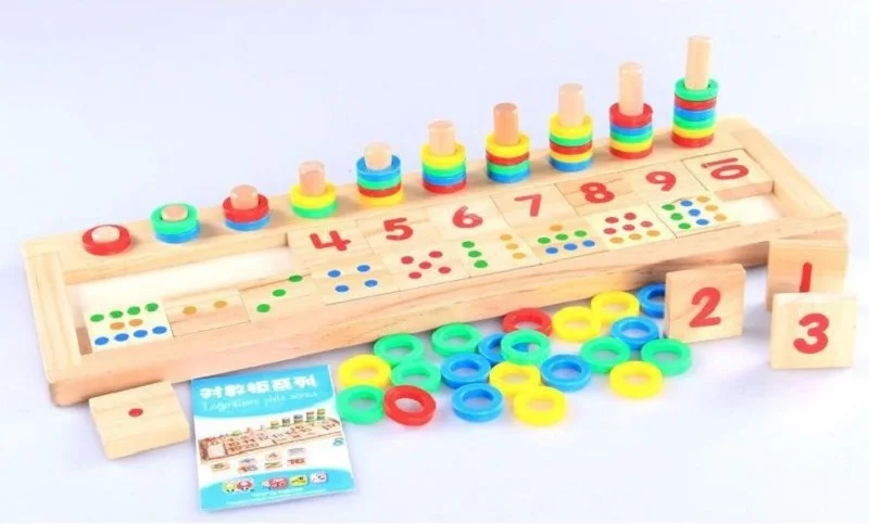 Rainbow Rings Dominos Children Preschool Teaching Aids Counting and Stacking Board Wooden Math Toy