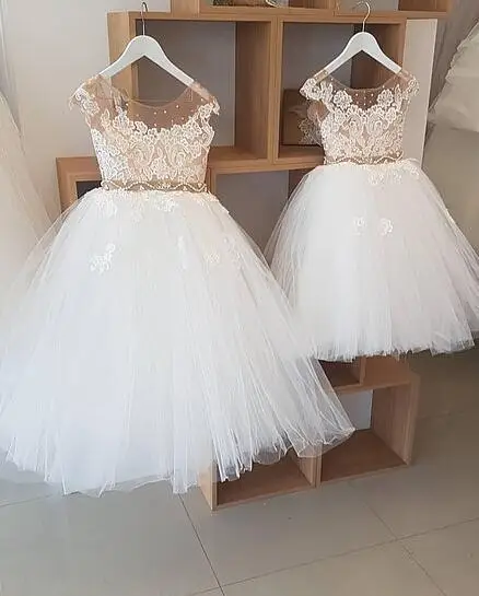 

Nude neck ivory tulle sheer lace pearls toddler kids holy the first communion gowns ball gown flower girl dresses for wedding