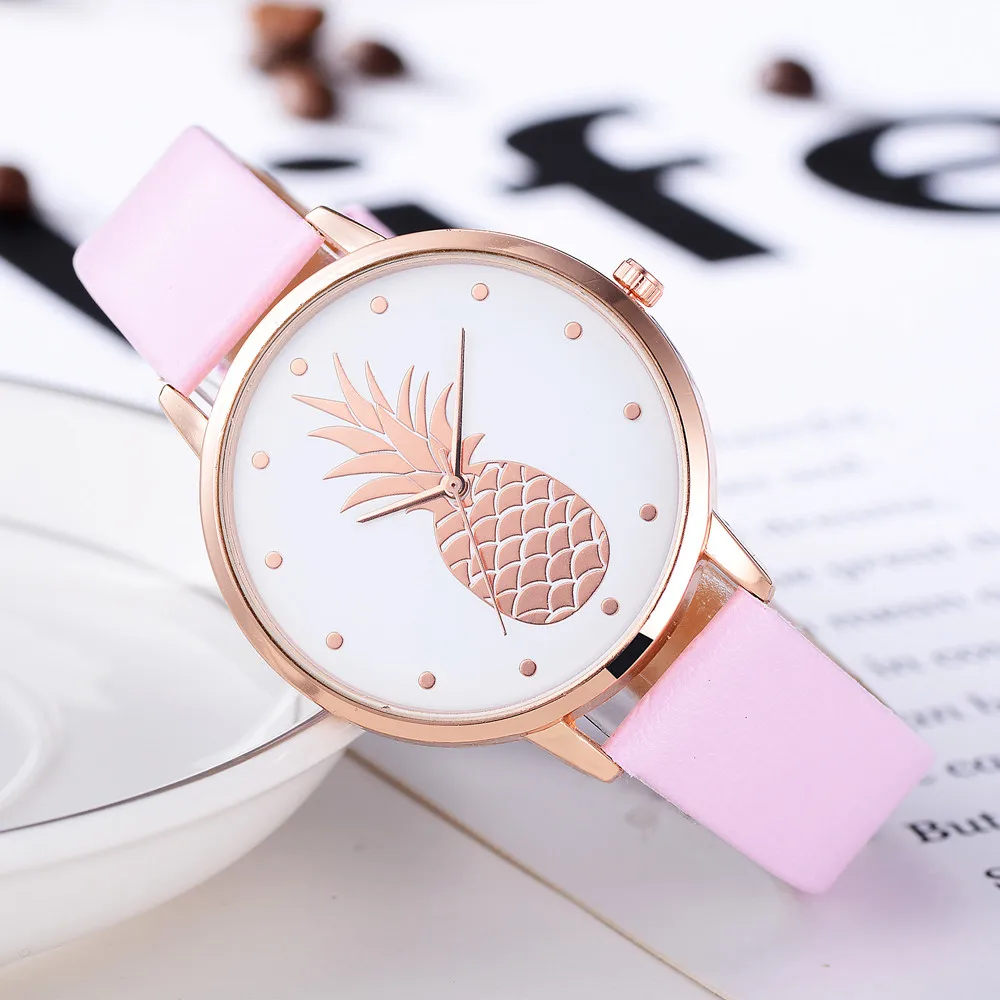 Новые женские часы женские роскошные модный кожаный браслет Аналоговые кварцевые круглые наручные часы с рисунком ананаса женские/женские часы