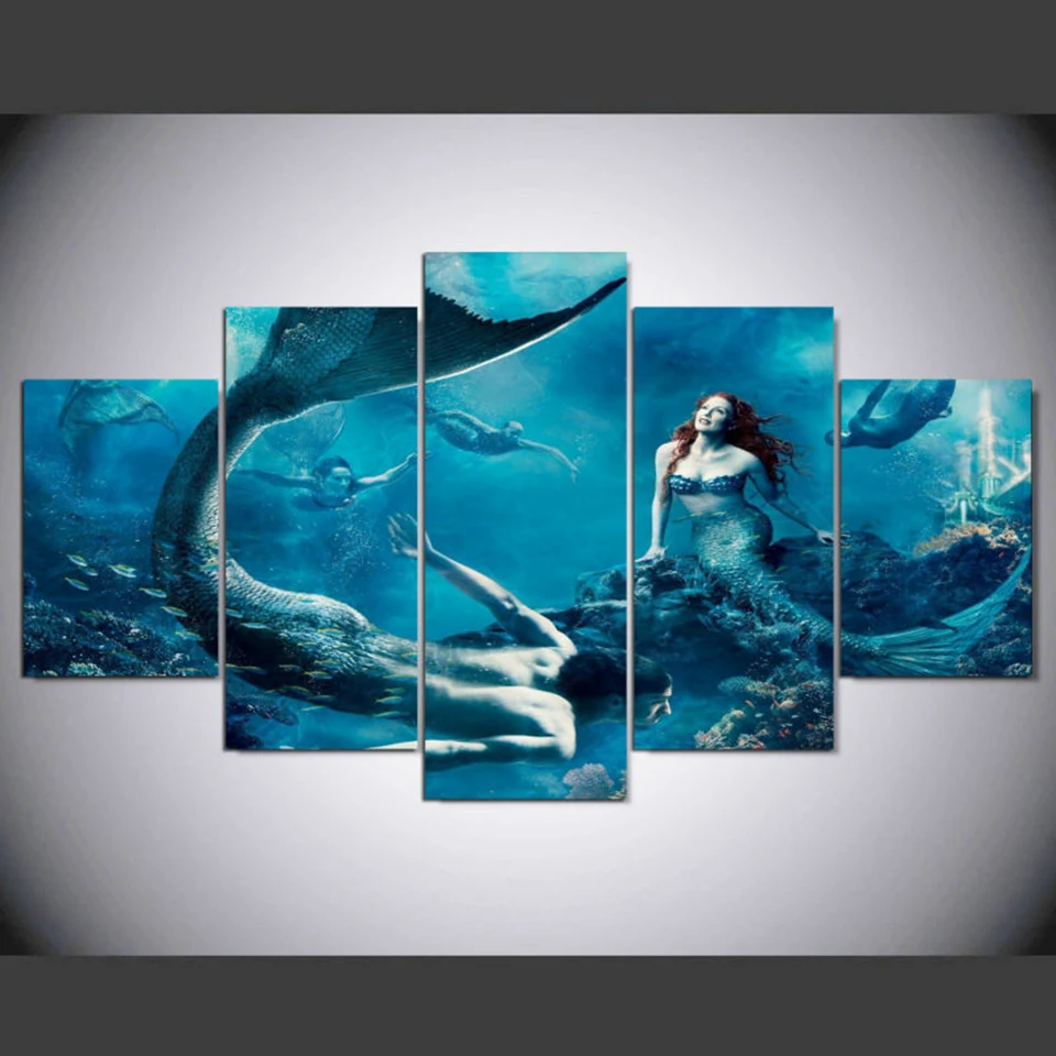 Modular Home Decor Canvas Wall Art 5 Panel Mermaid Blue Sea Landscape