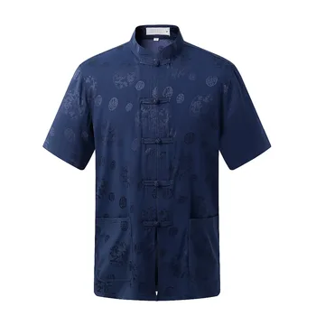 

WAEOLSA Chinese Tang Shirts Men Oriental Top Silk Blouses Man Mandarin Collar Shirt Red Beige Silver Navy Blue Tunic Blouse Male