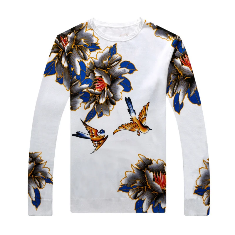 Весенний Модный пуловер Erkek Kazak, свитер с цветочным принтом и птицами, Мужской приталенный пуловер, мужской свитер, Chompas Hombre