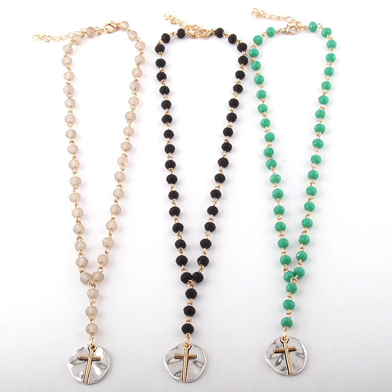

Fashion Fashion Bohemian Jewelry 6mm Glass Crystal Bead Link Crystal Cross Pendant Necklaces For Women Ethnic Necklace