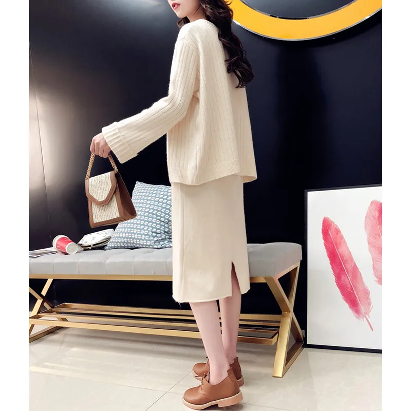 HAMALIEL New Arrival Fall Winter Suits Orange Knitting Single Breasted Loose Cardigan + Sleeveless Midi Split Women Skirt Suits