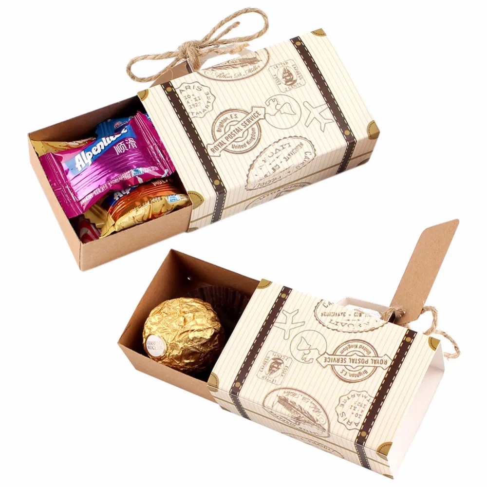

3000pcs Suitcase Candy Box Wedding Favors Travel Paper Gift Boxes with Card & Burlap Birthday Event Party
