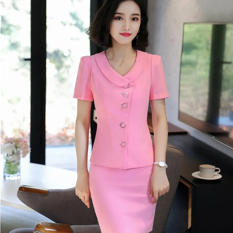 Новые стили, летняя профессиональная деловая Женская рабочая одежда, блейзеры с 2 топами и юбкой, женская униформа, одежда розового цвета