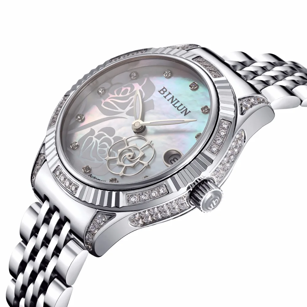 BINLUN Для женщин 18K золото автоматические механические часы с бриллиантами Водонепроницаемый Роскошный цветок циферблат светящиеся аналоговые наручные часы для Для женщин
