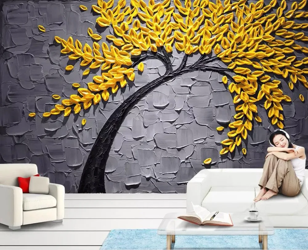 3d 壁紙創造黄色ステレオ幸運の木油絵背景壁プロフェッショナルメイキング壁画写真の壁紙 壁紙 Aliexpress