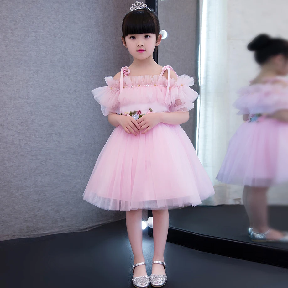 

2019 Korean Style Baby Girls Pink Birthday Wedding Party Princess Dress Kids Costume Shoulderless Dresses Evening Party Clothing