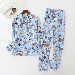 Новые синие для женщин пижамы 2018 милая собака печати матовый хлопок Pijama с длинным рукавом эластичный пояс брюки для девочек Lounge Ночное