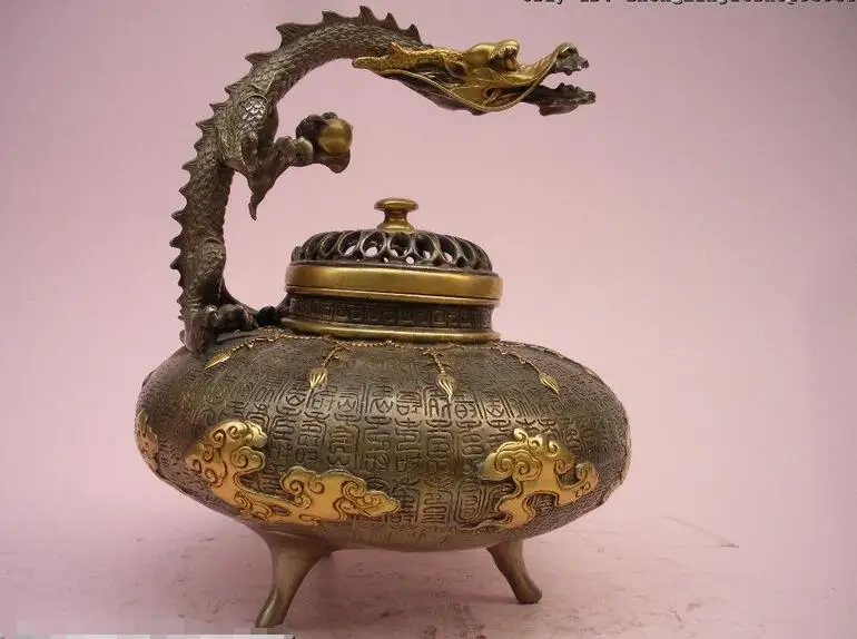 

Regius Pure Bronze 24K Gilt Silver Flying Dragon Palace incense burner Censer