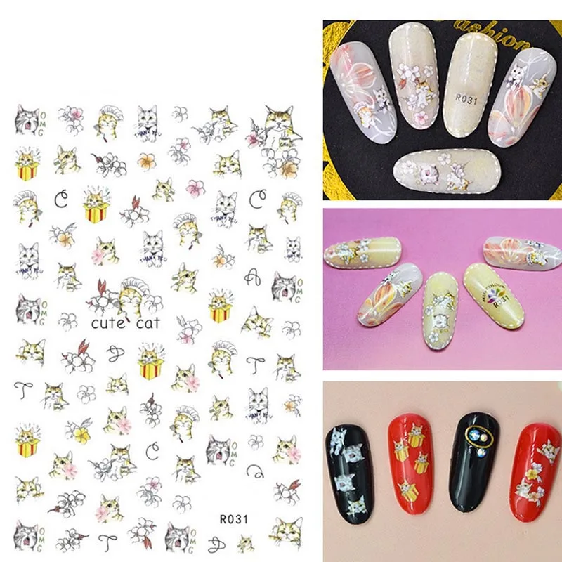 Fashion Nail Stickers 5 Sheet Animals Cats 3D Charm Nail Art Manicure ...