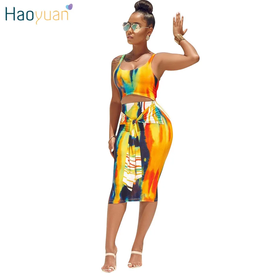 

HAOYUAN Tie Dye Sexy Two Piece Set Crop Top and Bodycon Skirt 2019 2 Piece Summer Clothes for Women Matching Sets Club Outfits