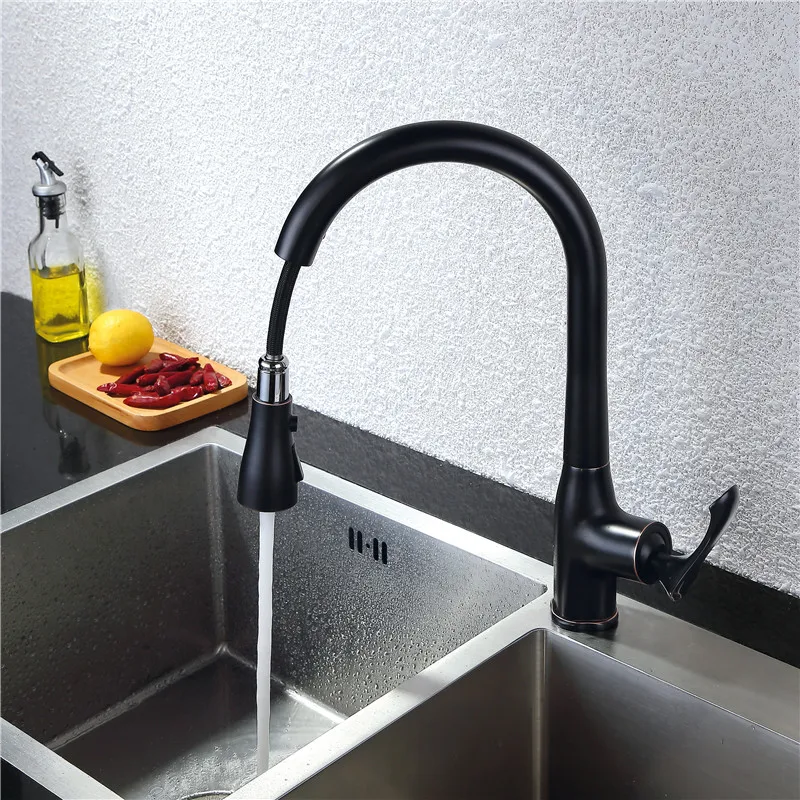 

full copper can be smoked pull type kitchen faucet can rotate black basin of hot and cold food kitchen sink faucets