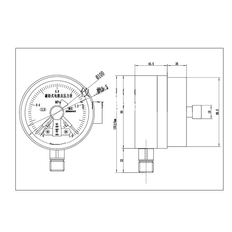 YXC-100 M20* 1,5 Электрический контактный манометр 0,1-0-100MPa вакуумный Магнитный Электрический контактный манометр