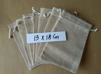 

100pcs/lot 13x18cm Vintage Natural Burlap Hessia Jute Gift Bag Candy Bags Wedding Favor Pouch Drawstring Jewelry Packaging Bags