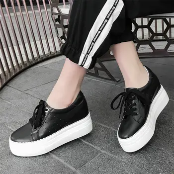 

Lace Up Tennis Shoes Women Cow Leather High Heel Pumps Shoes Wedges Oxfords Casual Shoes Punk Sneakers Platform Creepers 2019