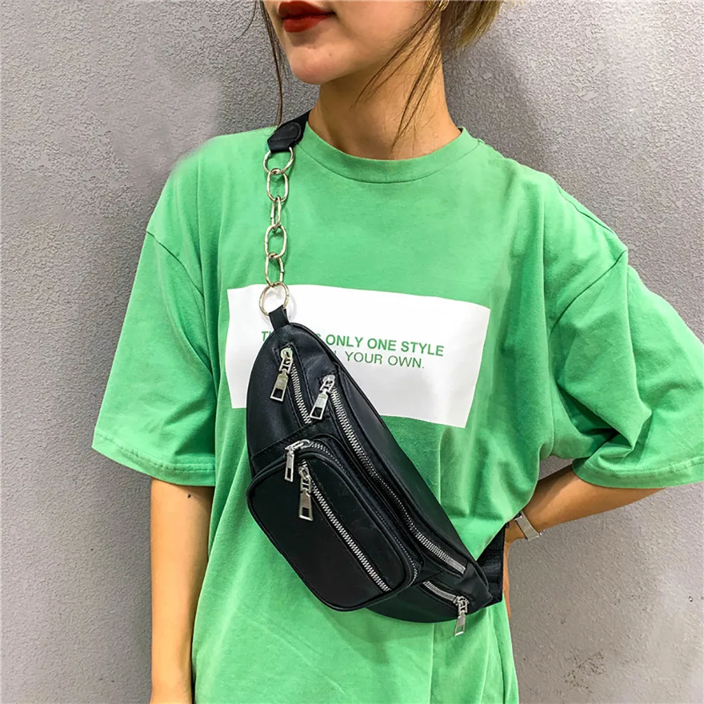 

Chain Fanny pack for women solid color oval fashion zipper wild chest bag Messenger bag heuptas