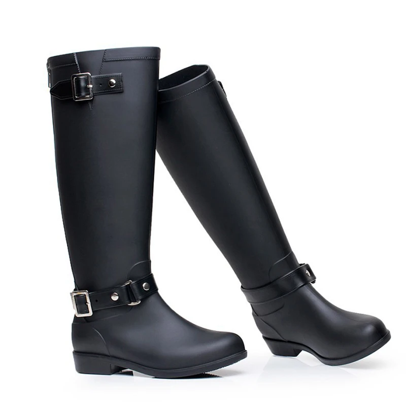 

SOUGEN 2016 New Black Rain Boots Fashion Waterproof Women Boots Shoes Woman Zip Flat Heel Thigh High Boots Botas Mujer 36-41