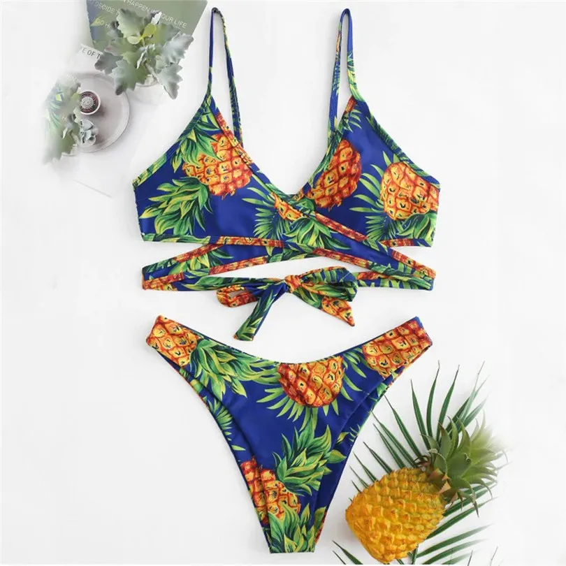 New 2019 Women Bikini Pineapple Bohemian Fruits Print High Cut V Neck Sets Two Pieces Bikini Swimwear Swimsuit Beachwear #E11 (1)