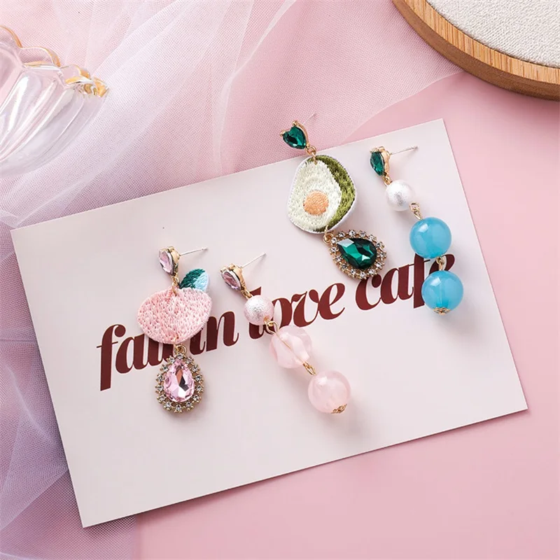 

Korean Personality fruit long Asymmetric earrings Temperament sweet pink avocado peach Fashion girl Summer Jewelry Accessories