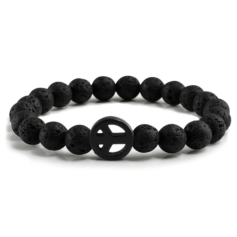 

Classic Peace Sign Men Bracelets Natural Stone Black Lava Beads Couple Bracelet For Mens Women Armband Yoga Bangles Charms Gift