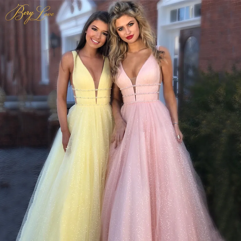 

BeryLove Shiny Prom Dress 2019 Pink A-line Deep V-neck Sleeveless Glitter Long Party Dress Formal Elegant Dresses Vestido Format