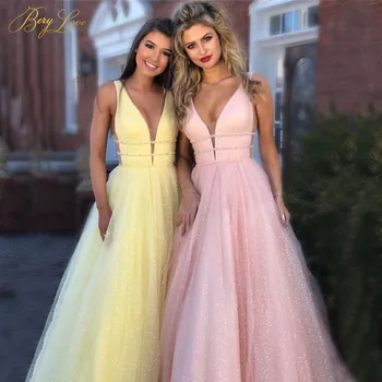 

Shiny Pink Prom Dress A Line Deep V Neck Evening Sleeveless Glitter Long Party Dress Formal Elegant Dress Vestido Robes Femme