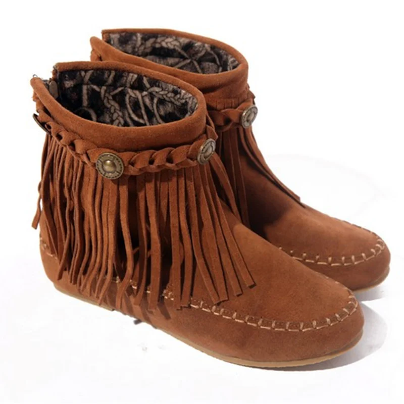 US5-9 Suede Leather Like Moccasin Fringe Tassel Ankle Boots womens wedge shoes