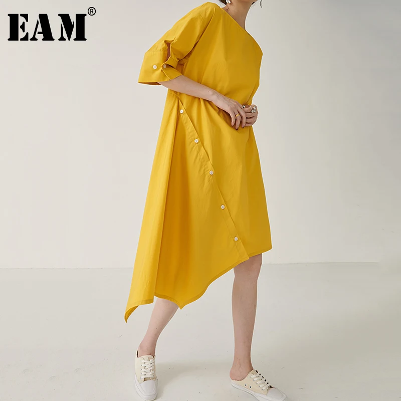 

[EAM] 2019 New Spring Summer Round Neck Three Quarter Sleeve Yellow Button Pleated Irregular Loose Dress Women Fashion JW867