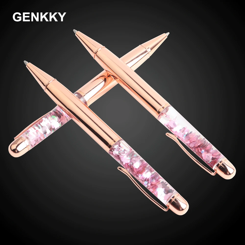 GENKKY Rose Gold Pen Kawaii luxury Crystal Ball Pens For School Office Flow Oil Crystal Gold Foil Metal Gift Pens Writing 0.7mm