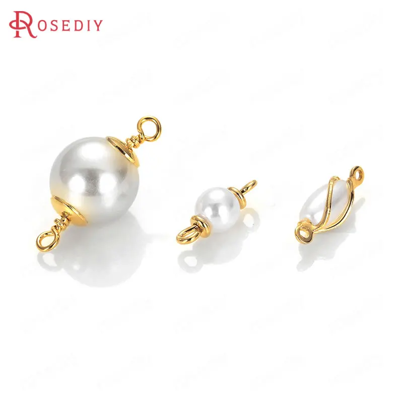 

(36014)20PCS 5MM 6MM 8MM 10MM 24K Gold Color Brass and Imitation Pearls 2 Holes Round Beads Connect Charms Jewelry Findings