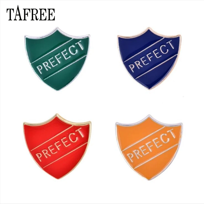 

TAFREE PREFECT Letters shield Shaped Lapel Pins Colorful Enamel Sir Brooches Red,Green,Blue,Orange Colored Badge Fashion Jewelry