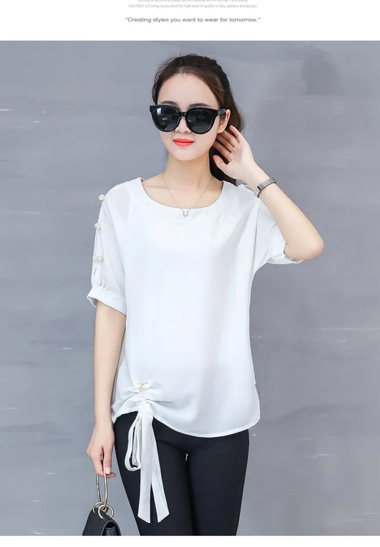 2018 New Arrival Chiffon Blouses Women Shirts Plus Size Beading Tops Female Fashion Short Sleeve O-neck Blusas Femininas  (7)
