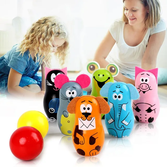 Cheap 1 Set Cute Animal Shape Mini Cartoon Wooden Bowling Balls Game Child Creative Sports Toys Kids Early Intelligence Gift