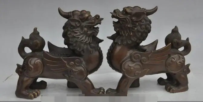 

S01346 7" chinese fengshui bronze evil spirits Unicorn foo dog lion wing beast statue (B0413)