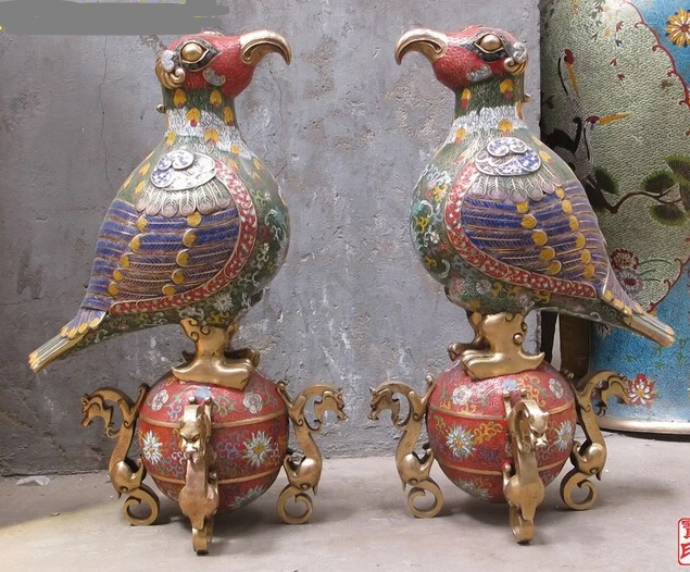 

huij 008618 22"China Royal palace Bronze gild cloisonne turtledove bird Pair Parrot