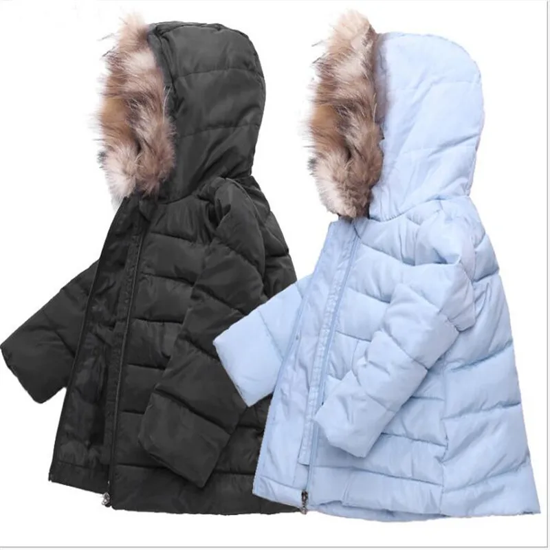 

2018 fur collar girls autumn and winter wear solid color hooded children's warm jacket, boys casual children's clothing coat