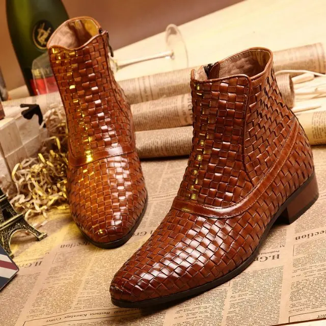 New Mens Ankle Boots Woven Chic Pointy Toe Cuban Heel Leather Formal ...