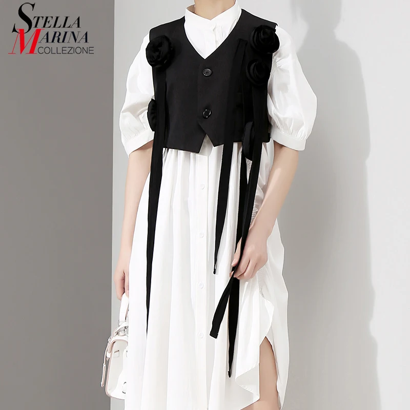 

New 2019 Korean Style Women Solid Black Top Short Vest With Long Tape Flower Appliques Lady Unique Gilet Vest Casual Style 5110