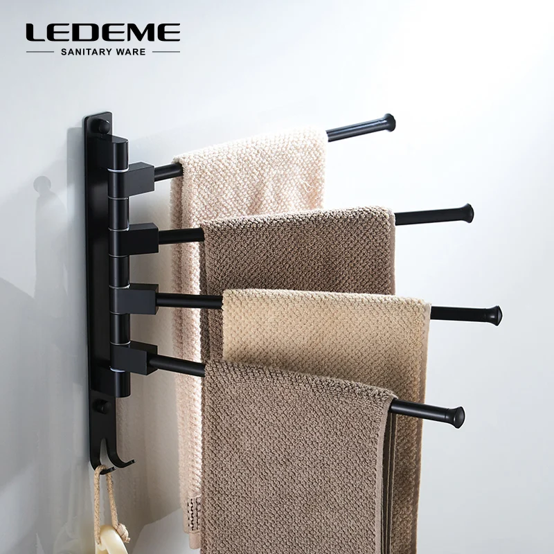 

LEDME Matte Black Four Towel Bar With One Hook Holder Wall mounted Space Aluminum Bathroom Accessories Towel Rack Bar L5514