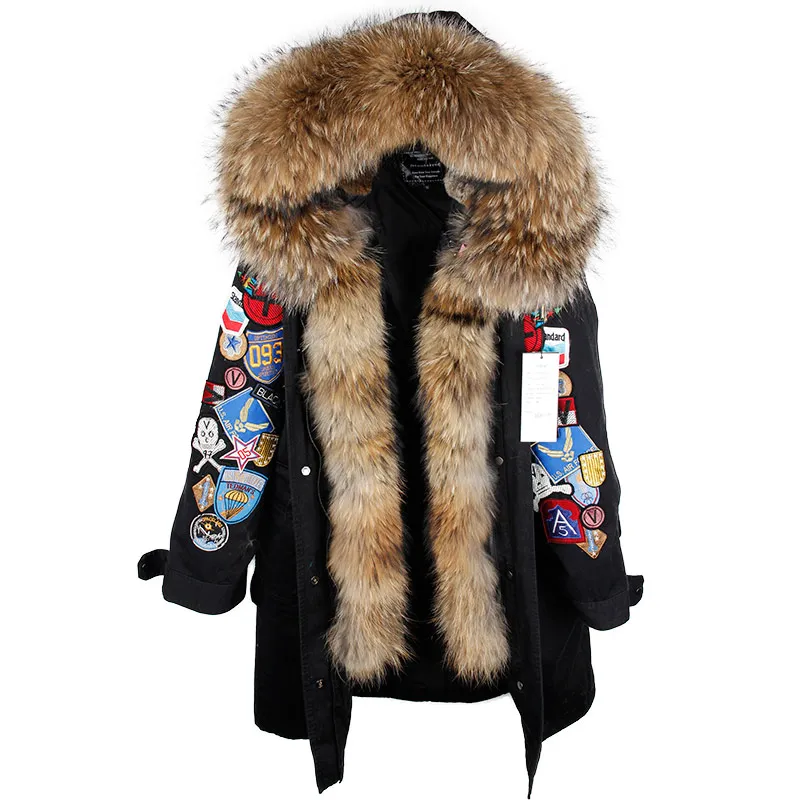 Maomaokong/Новинка, зимнее женское пальто с воротником из натурального меха енота, женские парки с вышивкой - Цвет: Черный