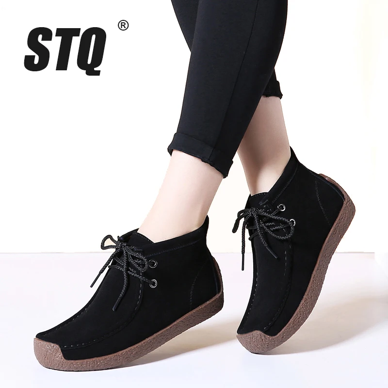

STQ 2019 Winter women ankle boots women warm push flat black rubber boots female hiking Boots 7723