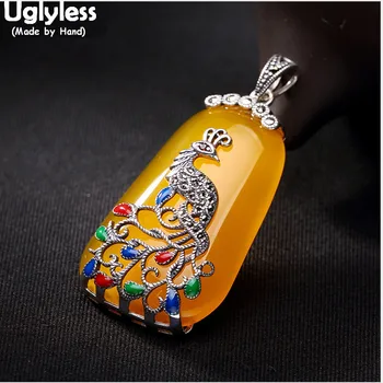 

Uglyless Real 925 Sterling Silver Luxury Nature Chalcedony Women Pendant without Chain Handmade Marcasite Peacock Jewelry Enamel