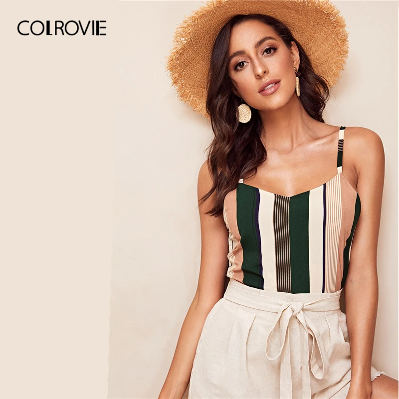 COLROVIE Multicolor Spaghetti Strap Striped Casual Cami Top Women Summer Streetwear Color Block Sexy Ladies Tee Shirts