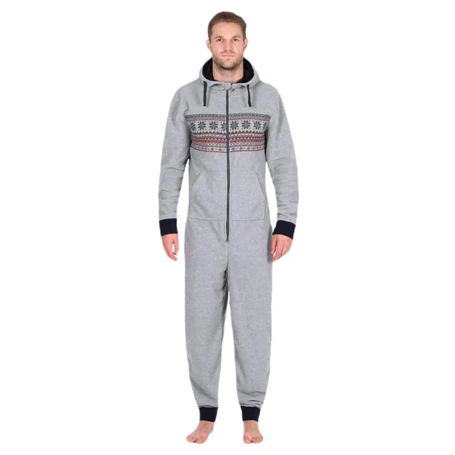 

MUQGEW Winter Men All In One Hooded Long Sleeve Snow Print Floral Zip Trousers Long Jumpsuit Polyester Casual Pants Hot # AA